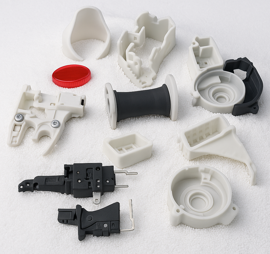 Overview of SLS materials and finishes at Panashape including PA12 nylon, glass bead filled nylon, TPC elastomer, and post processing options in Texas.