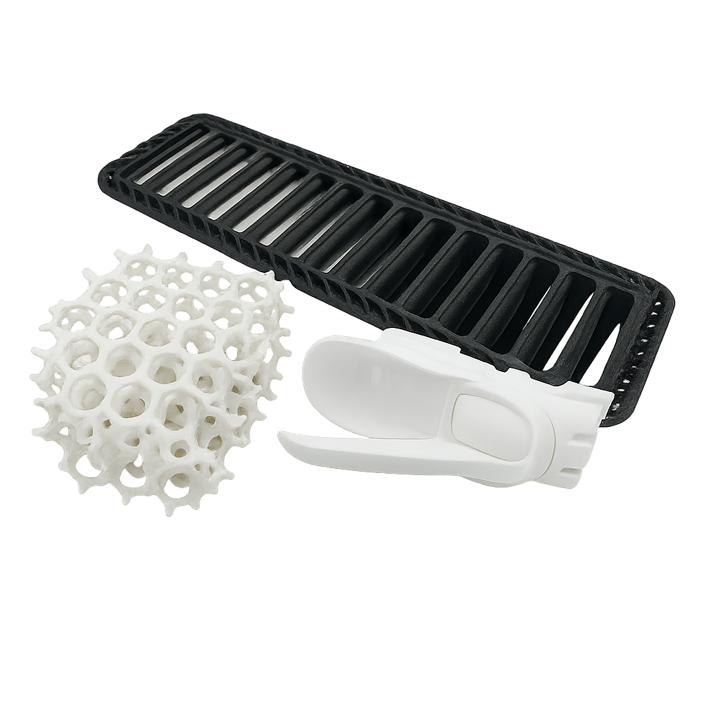 Assorted 3D printed parts showcasing different SLS material options including PA12 Nylon, Glass Filled Nylon, and TPC elastomer.